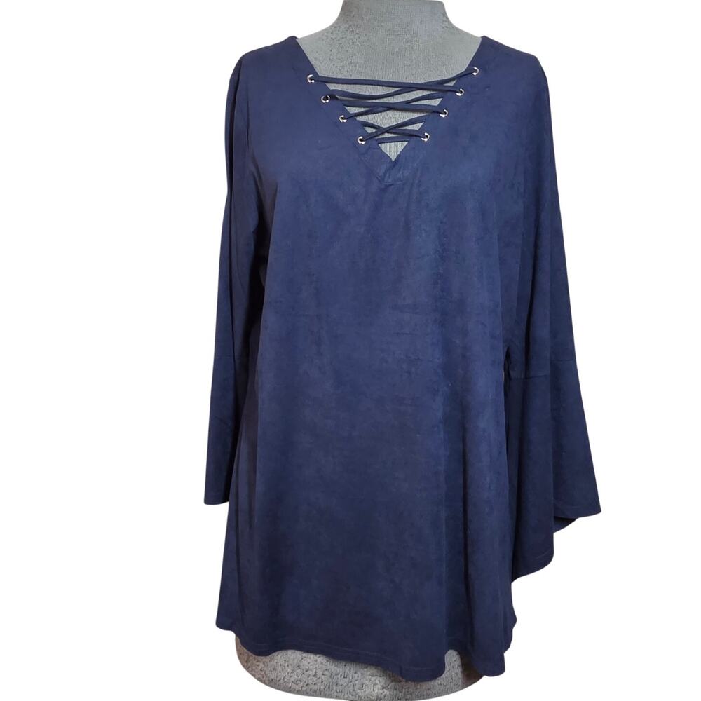 Blue V Neck Bell Sleeve Blouse Size Large